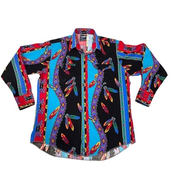 Wrangler Other - Wrangler Vintage Y2K 90’s Aztec Southwestern Feather Long Sleeve Pearl Snap